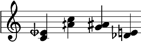 Musical staff showing four different septimal minor thirds notated